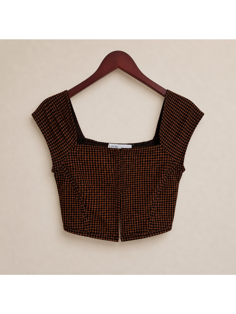 Elodie Gingham Corset Top Small Brown Black Check Plaid Hook & Eye Cropped Cami